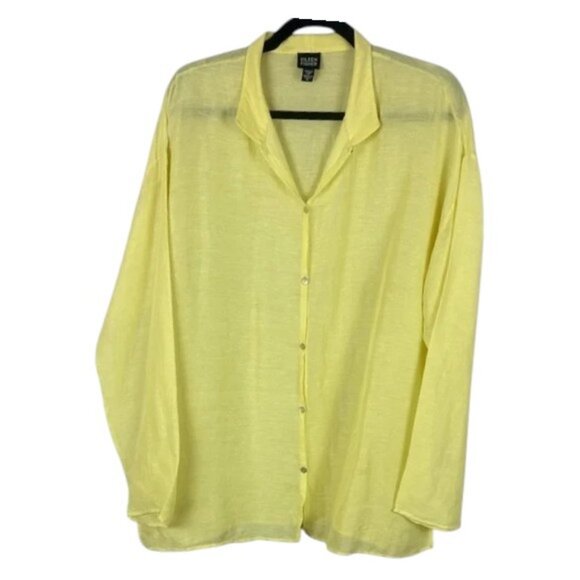 Eileen Fisher yellow linen blend long sleeve button-up blouse size M - Picture 2 of 6